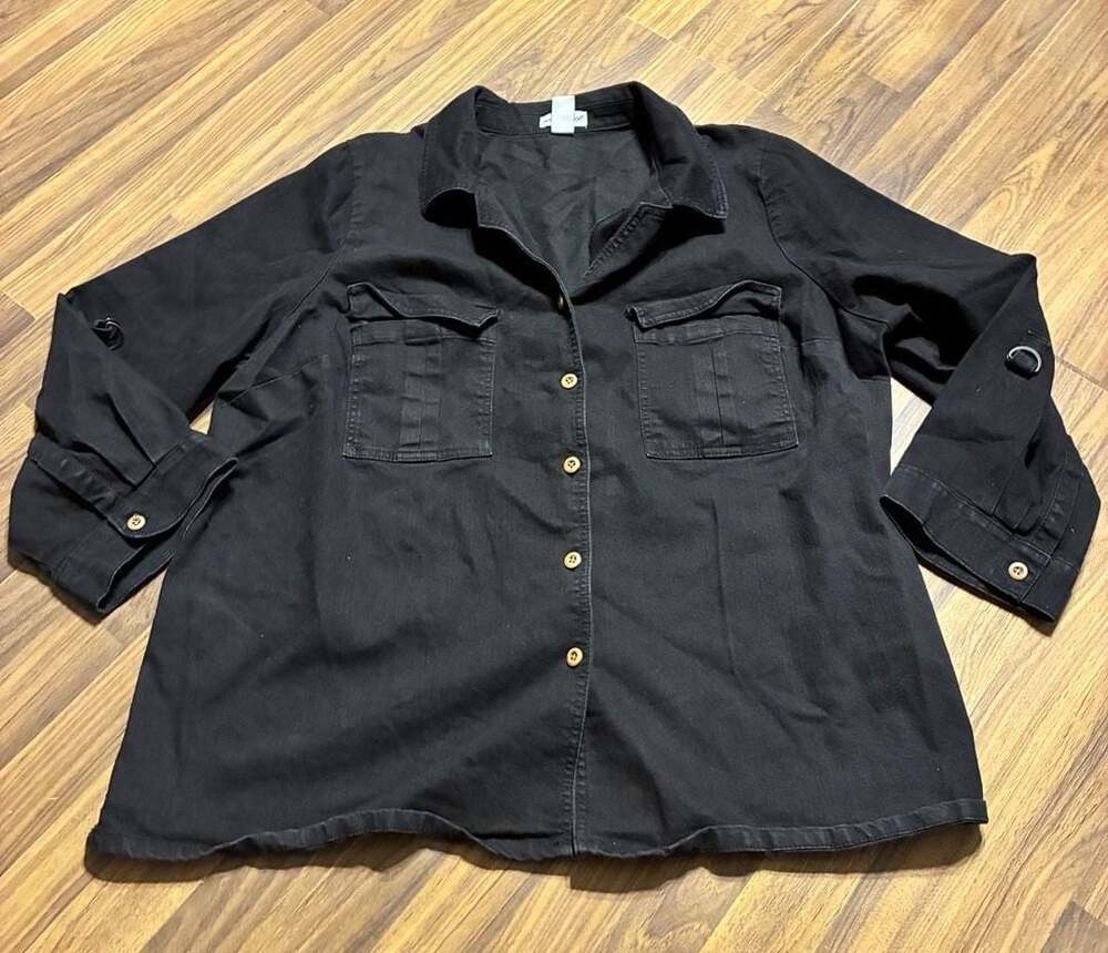 Jessica London Women's Black Long Sleeve Utility Button-Down Shirt